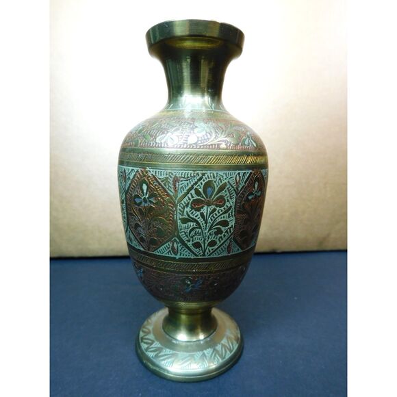 Vintage Brass Enamaled Vase India Marked 5.5 in. Tall - Picture 8 of 8